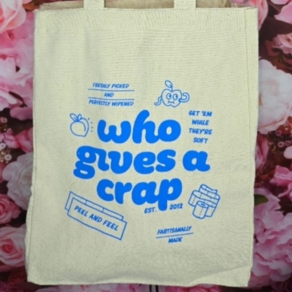 Who Gives a Crap Eco-Friendly Cream Tote Bag with blue graphics NEW